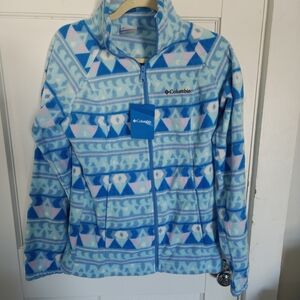 SIZE S - COLUMBIA WOMENS FLEECE JACKET ZIP-UP FAIR ISLE TURQUOISE MULTICOLOR